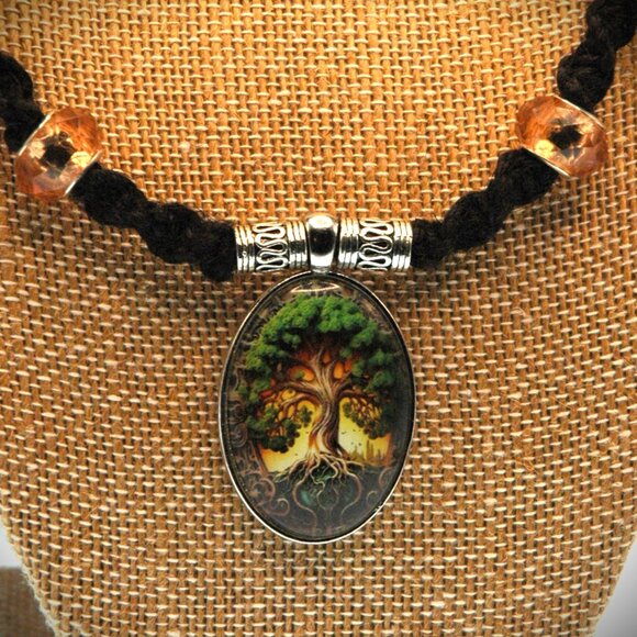 Celtic Tree of Life on a 21" Handmade Black Hemp Chain with Brown & Green Accent - Picture 6 of 7